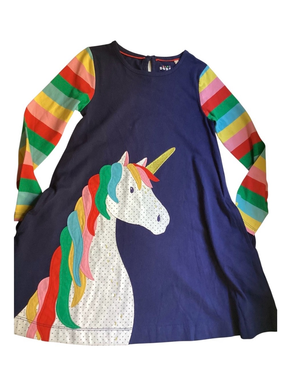 Mini Boden Unicorn Appliqué Dress with Rainbow Striped Sleeves